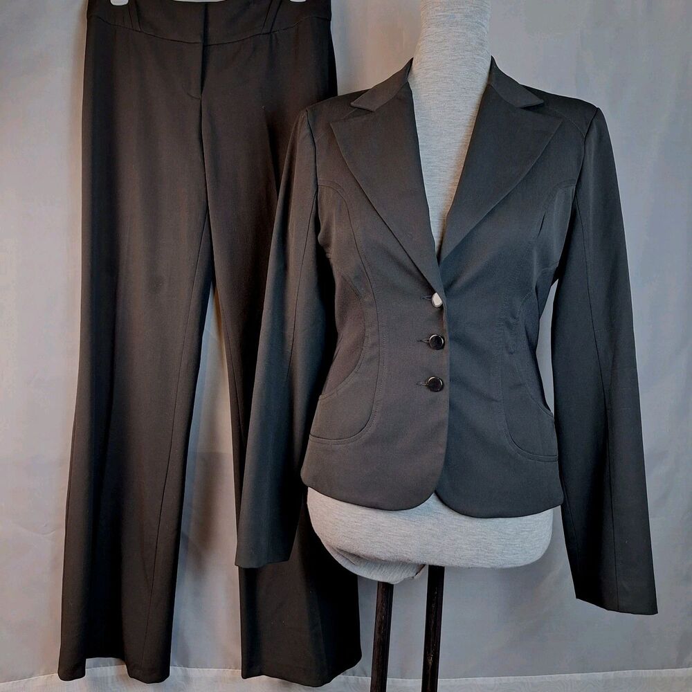 90s Bebe Black Pant Suit Set Made in USA 3 Silver Button Blazer Straight Leg 10